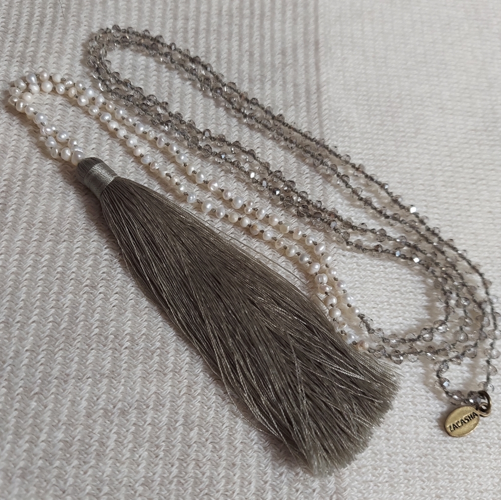 Zacasha Boho Faceted Clear-Silver Crystal & Fresh Water Pearls Tassel